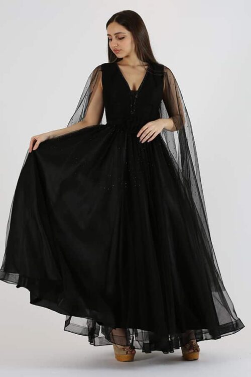 فستان طويل اسود تل