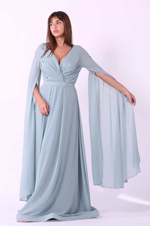 فستان سهرة سماوي بأكمام منديل