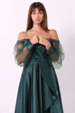 ⁦فستان طويل بفتحة من أسفل بأكمام تل⁩ - الصورة ⁦2⁩