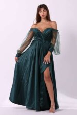 ⁦فستان طويل بفتحة من أسفل بأكمام تل⁩ - الصورة ⁦3⁩