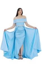 فستان سهرة سماوي باكمام اوف شولدر