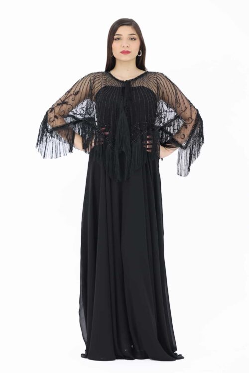 فستان سهرة أسود بطرحة مطرزة – S-6