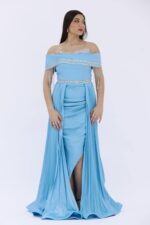 فستان سهرة سماوي باكمام اوف شولدر