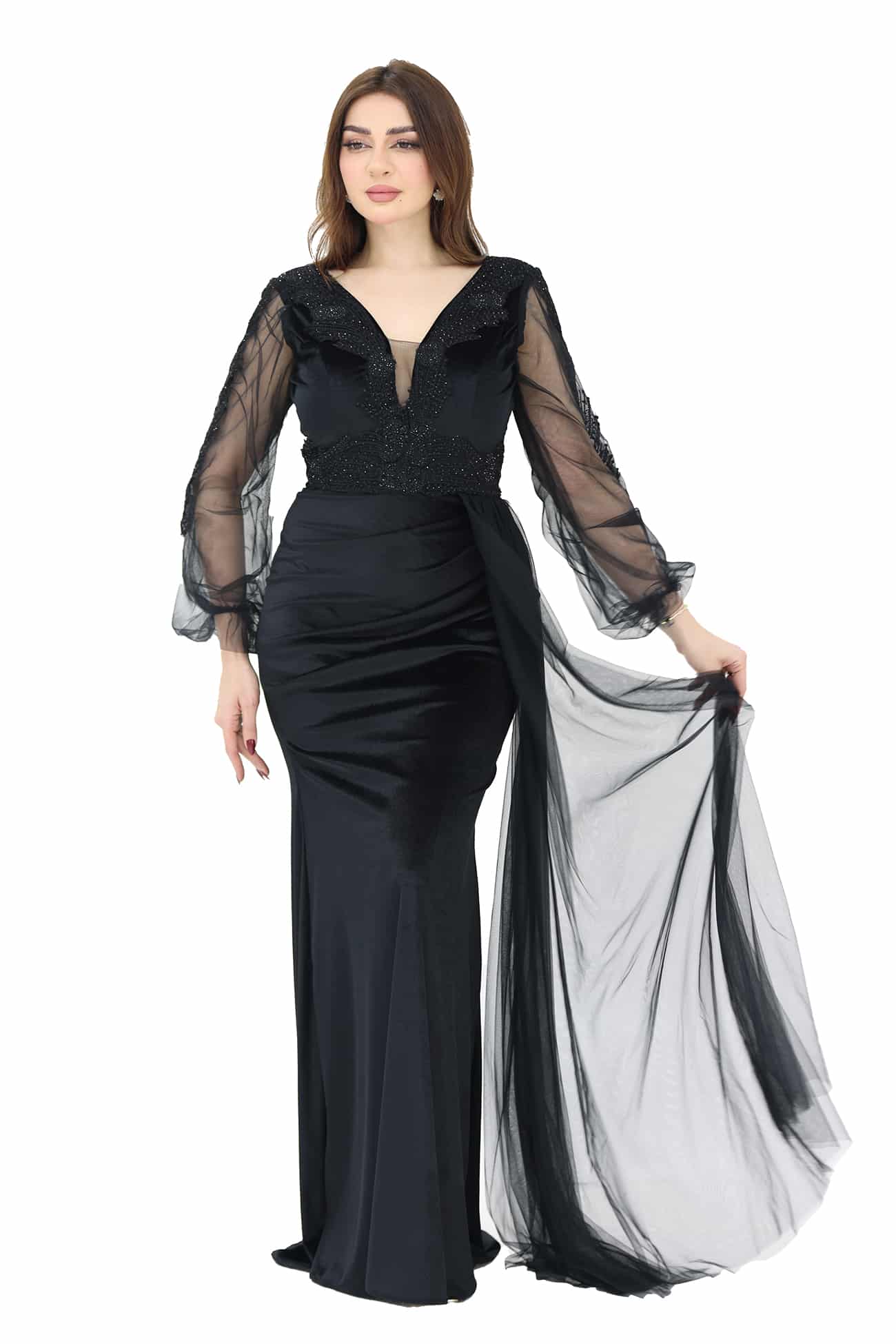 فستان مخمل بأكمام شفافة فستان مخمل بأكمام شفافة