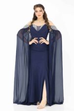 فستان سهرة كحلي بأكمام طويلة